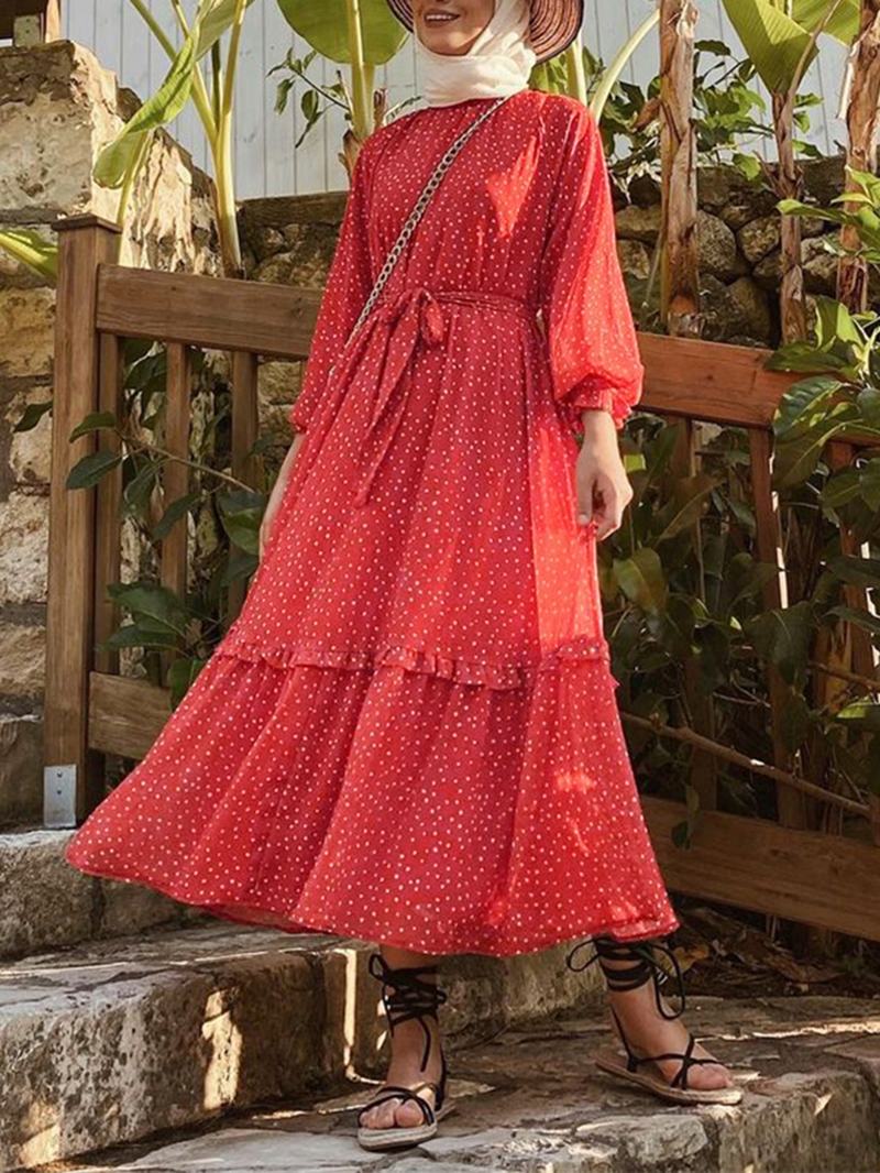 Polka Dot Drukowanie Frill Trim Lace Up Casual Długie Bufiaste Sukienki Maxi Dla Kobiet