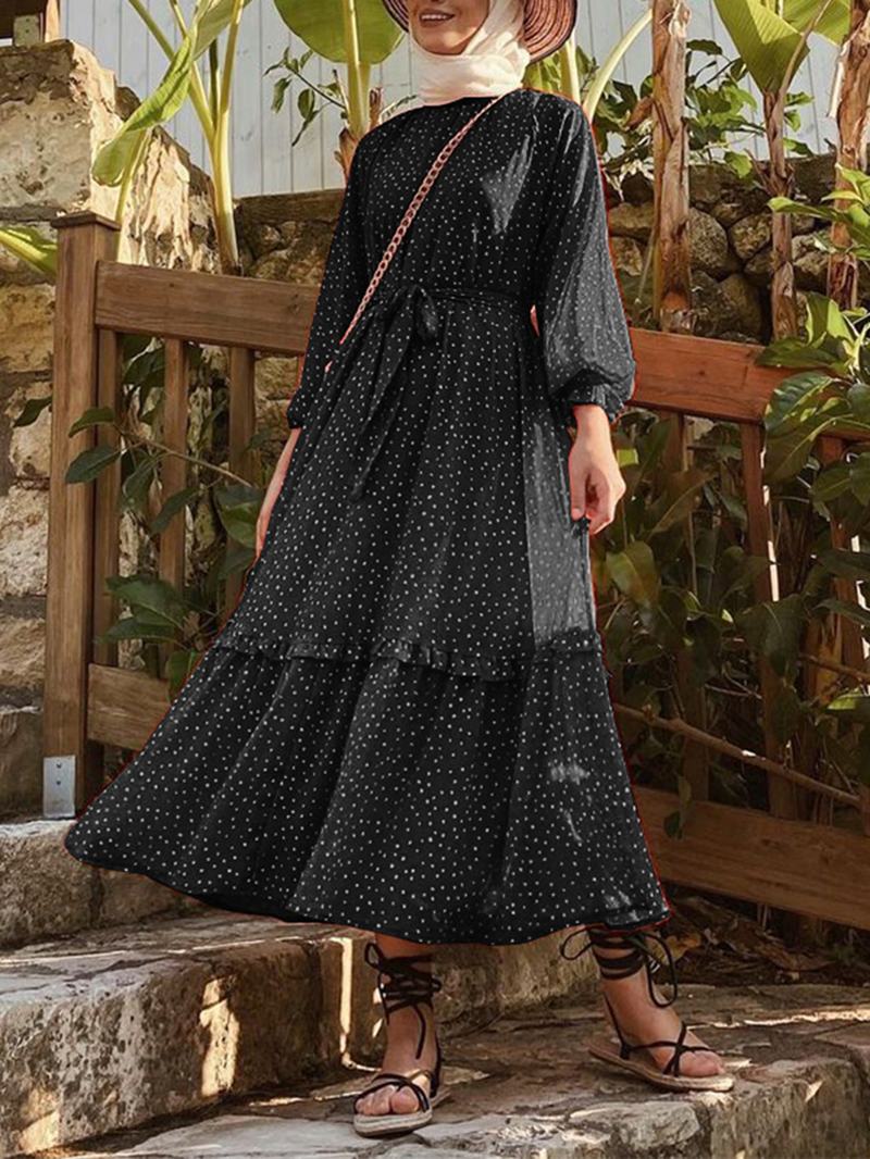 Polka Dot Drukowanie Frill Trim Lace Up Casual Długie Bufiaste Sukienki Maxi Dla Kobiet