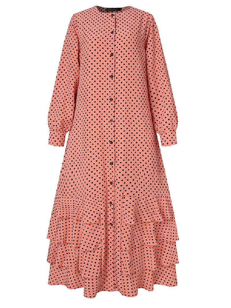 Polka Dot Ruffles Trim Guzik Z Długim Rękawem CZeska Koszula Maxi Sukienka Dla Kobiet