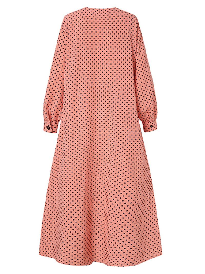 Polka Dot Ruffles Trim Guzik Z Długim Rękawem CZeska Koszula Maxi Sukienka Dla Kobiet