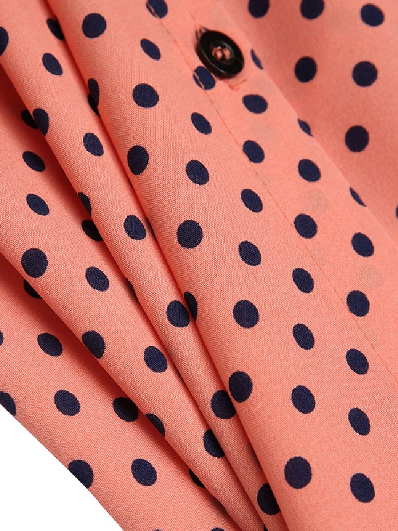 Polka Dot Ruffles Trim Guzik Z Długim Rękawem CZeska Koszula Maxi Sukienka Dla Kobiet