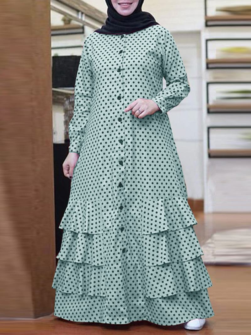 Polka Dot Ruffles Trim Guzik Z Długim Rękawem CZeska Koszula Maxi Sukienka Dla Kobiet