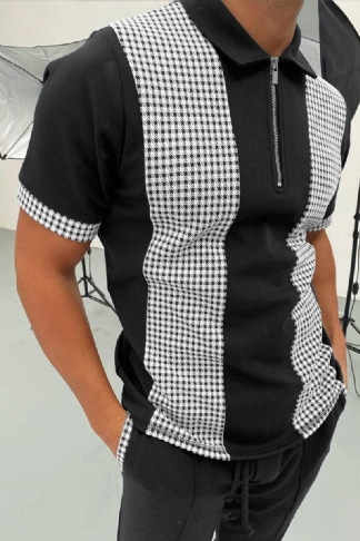 Polo Shirt Zipper Check Color Block Męska Koszulka