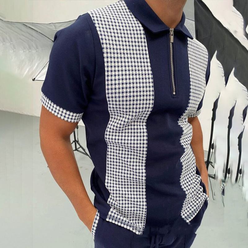 Polo Shirt Zipper Check Color Block Męska Koszulka