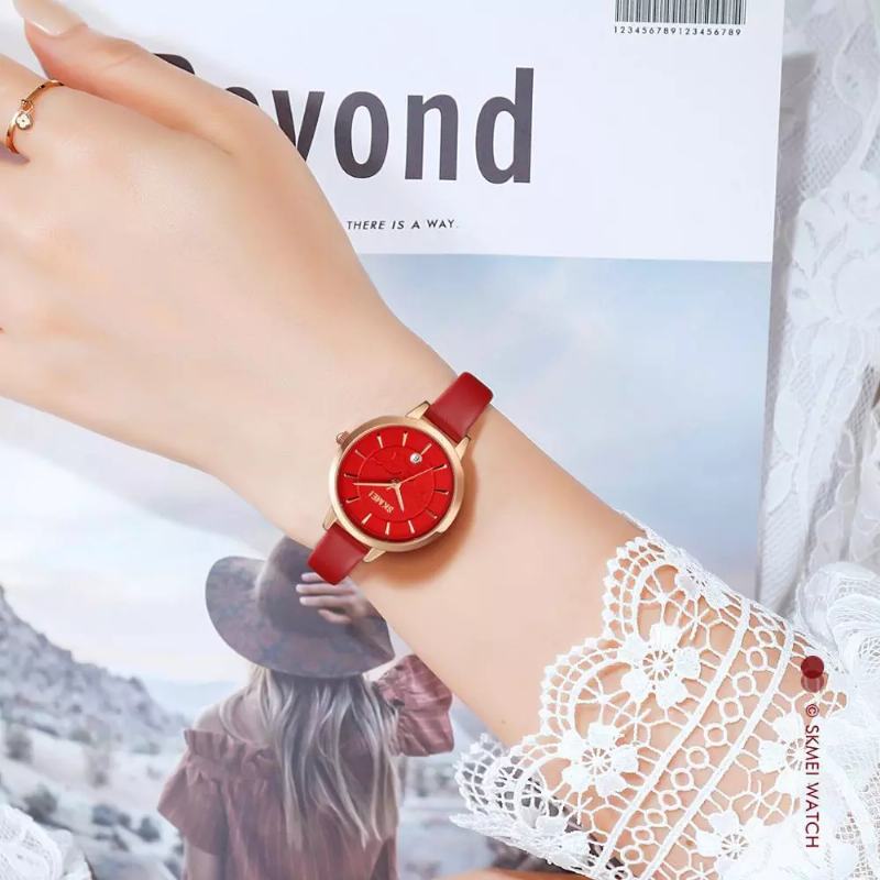 Prosty Zegarek Damski Kreatywny Wyświetlacz Daty Skórzany Pasek Moda Lady Quartz Watch