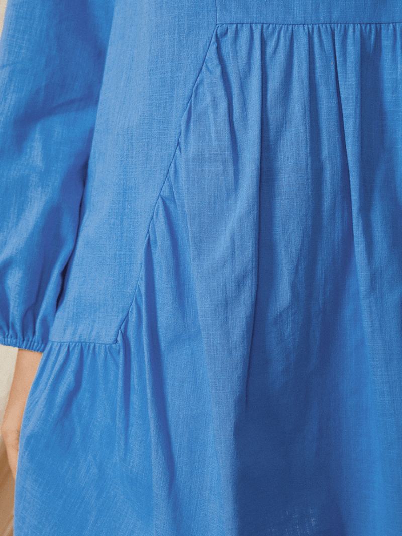 Puff Sleeve Lapel Plisowane Przeszycia Elastyczne Mankiety Solidna Codzienna Codzienna Bawełniana Bluzka Dla Kobiet