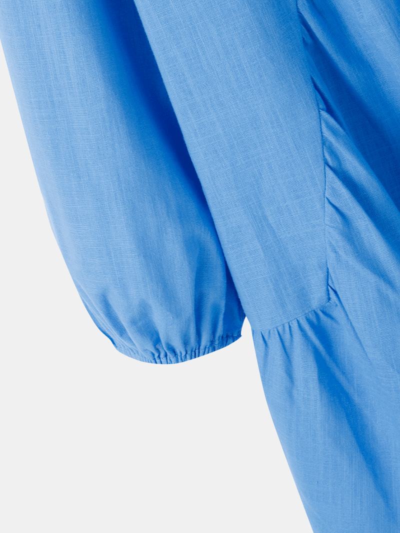 Puff Sleeve Lapel Plisowane Przeszycia Elastyczne Mankiety Solidna Codzienna Codzienna Bawełniana Bluzka Dla Kobiet