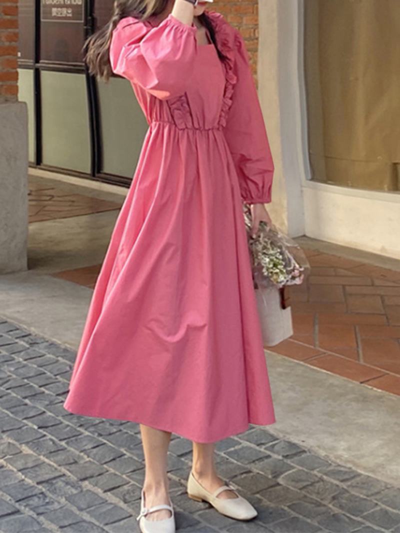 Puff Sleeve Plisowanie Leisure Holiday Casual Dress Dla Kobiet