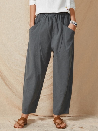 Pure Color Elastyczna Talia Kieszeń Plain Casual Cotton Damskie Harem Pants