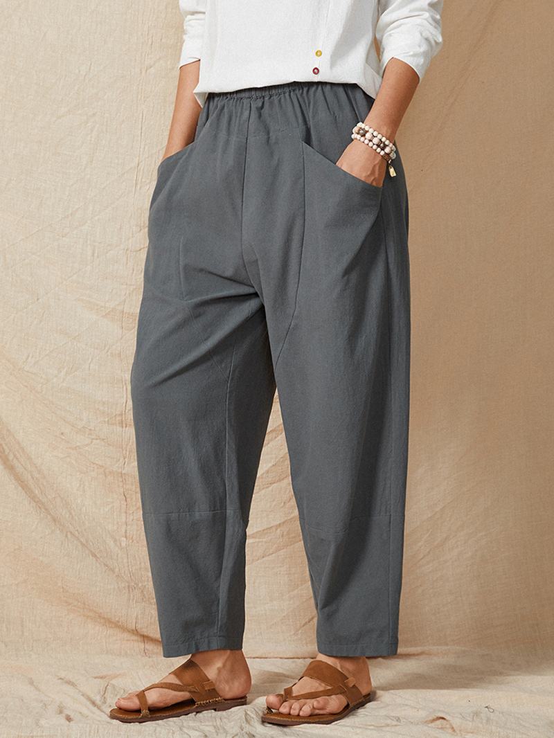 Pure Color Elastyczna Talia Kieszeń Plain Casual Cotton Damskie Harem Pants