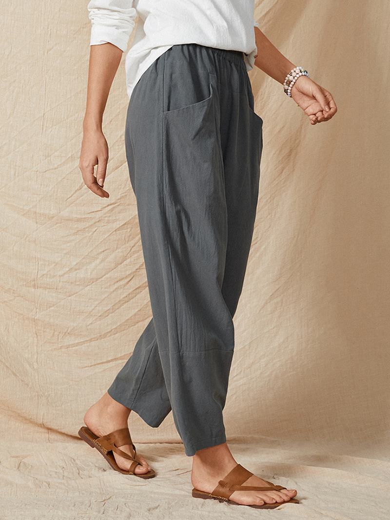 Pure Color Elastyczna Talia Kieszeń Plain Casual Cotton Damskie Harem Pants