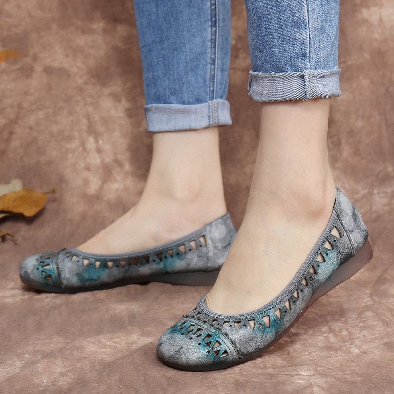 Ręcznie Barwiona Skóra Z Wycięciem Z Miękkiej Podeszwy Slip On Flat Shoes