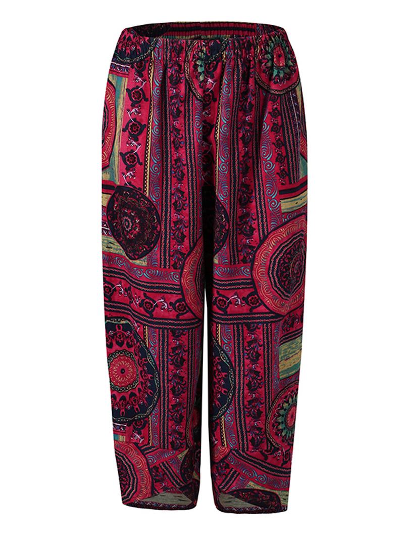 Retro Damskie Spodnie Z Kwiatowym Nadrukiem W Pasie Nieregularne Spodnie Z Kieszeniami