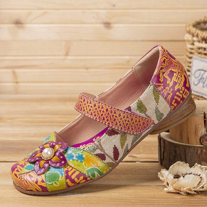 Retro Flower Decor Drukowane Skórzane Szwy Bydlęce Okrągłe Toe Casual Flat Shoes