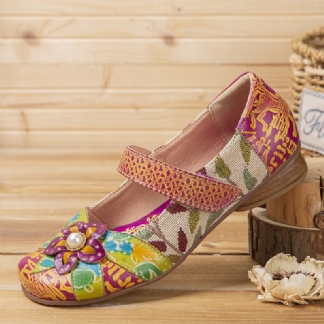 Retro Flower Decor Drukowane Skórzane Szwy Bydlęce Okrągłe Toe Casual Flat Shoes