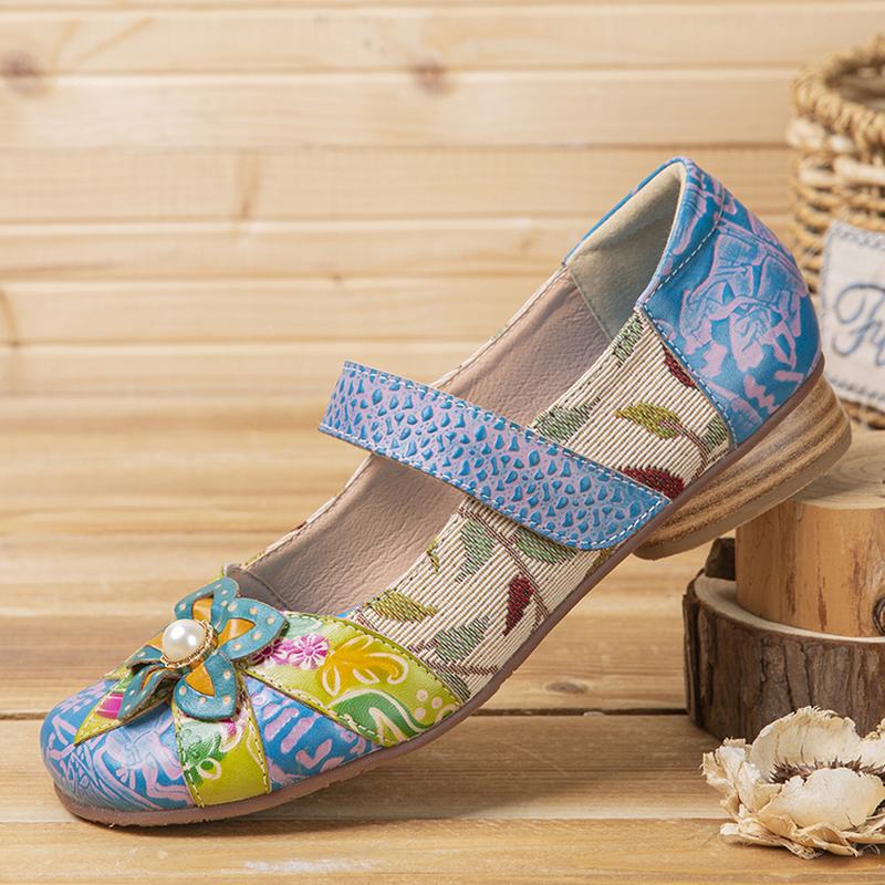 Retro Flower Decor Drukowane Skórzane Szwy Bydlęce Okrągłe Toe Casual Flat Shoes
