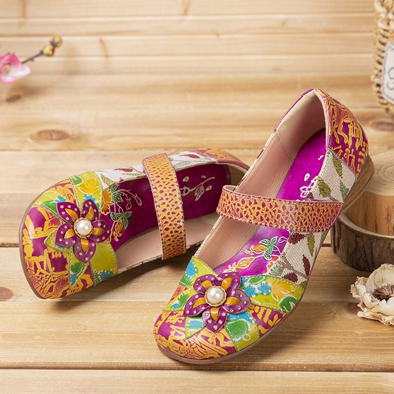 Retro Flower Decor Drukowane Skórzane Szwy Bydlęce Okrągłe Toe Casual Flat Shoes