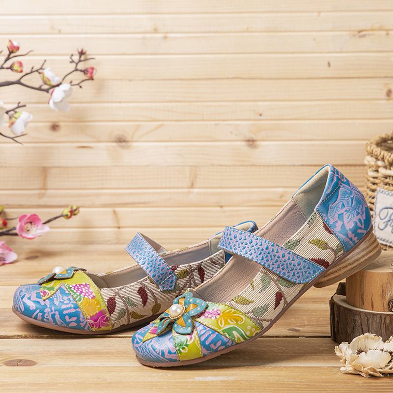 Retro Flower Decor Drukowane Skórzane Szwy Bydlęce Okrągłe Toe Casual Flat Shoes