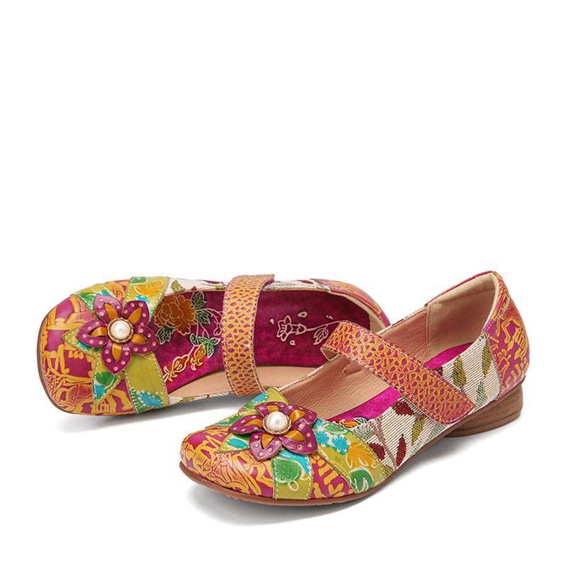 Retro Flower Decor Drukowane Skórzane Szwy Bydlęce Okrągłe Toe Casual Flat Shoes