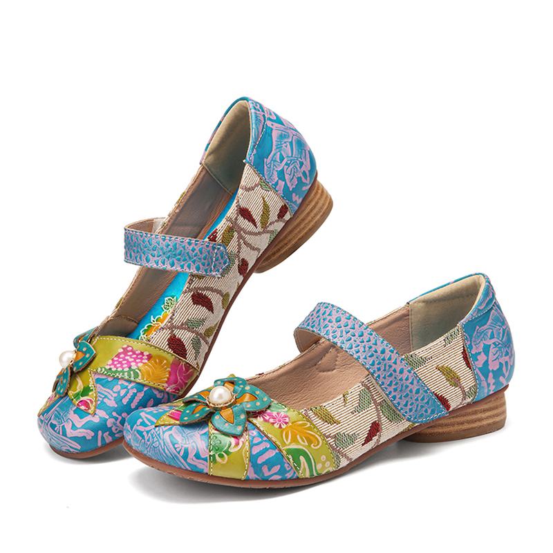 Retro Flower Decor Drukowane Skórzane Szwy Bydlęce Okrągłe Toe Casual Flat Shoes