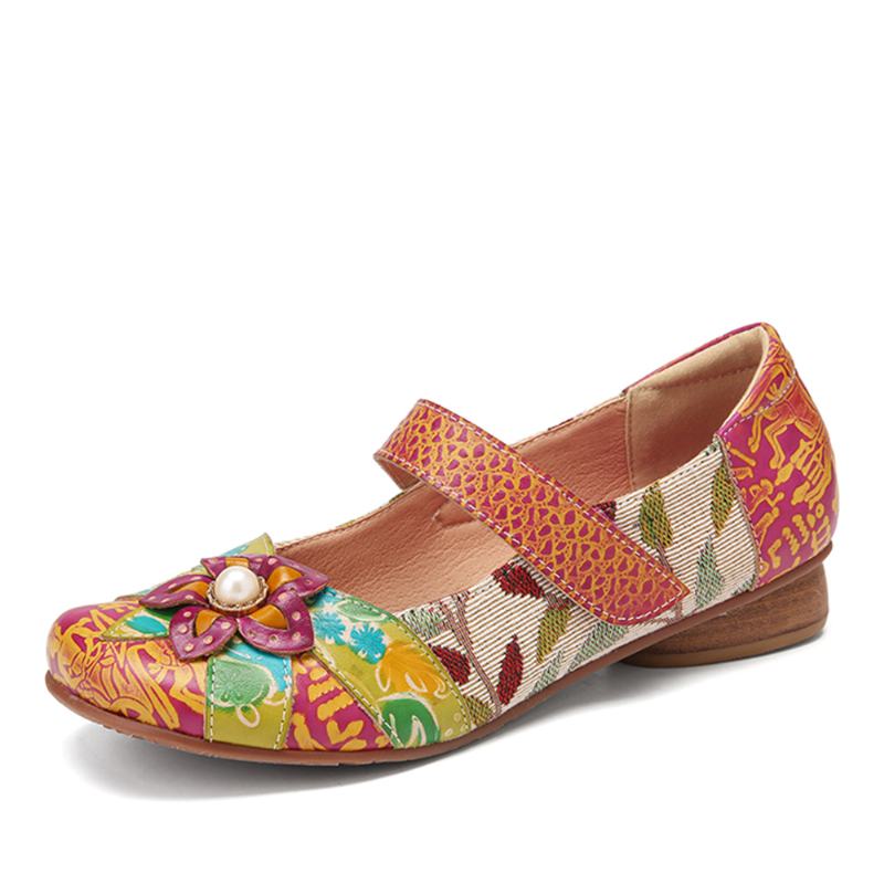 Retro Flower Decor Drukowane Skórzane Szwy Bydlęce Okrągłe Toe Casual Flat Shoes