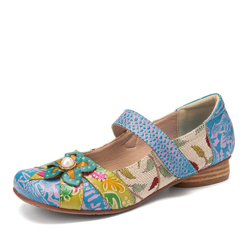 Retro Flower Decor Drukowane Skórzane Szwy Bydlęce Okrągłe Toe Casual Flat Shoes