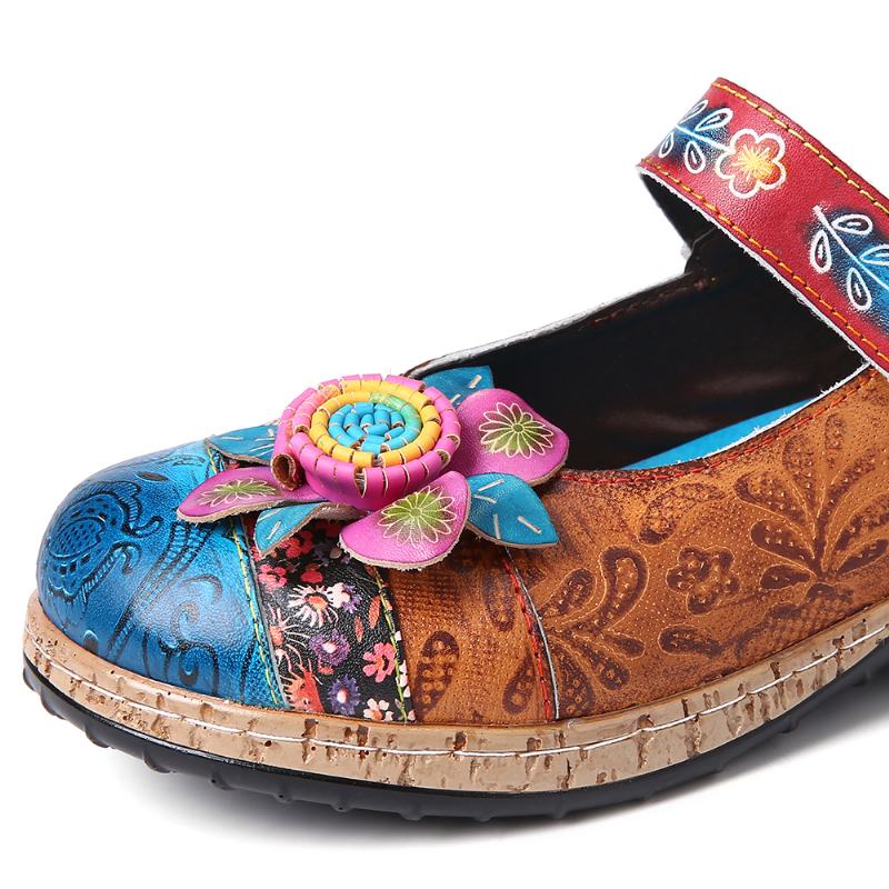 Retro Flower Łączenie Kwiatowe Prawdziwej Skóry Hook Loop Płaskie Buty