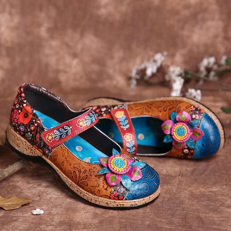 Retro Flower Łączenie Kwiatowe Prawdziwej Skóry Hook Loop Płaskie Buty