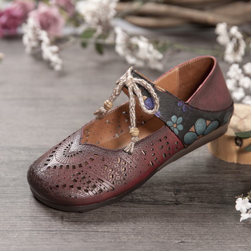 Retro Hollow Floral Soft Sole Węzeł Okrągły Toe Pasek Na Kostce Płaskie Buty