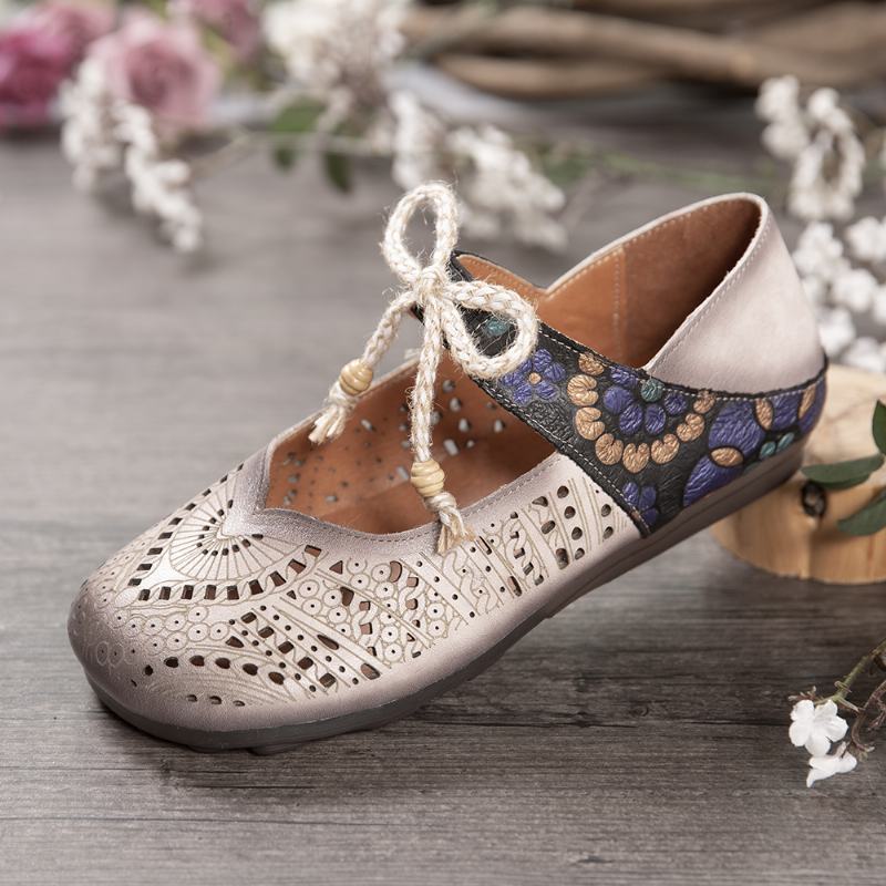 Retro Hollow Floral Soft Sole Węzeł Okrągły Toe Pasek Na Kostce Płaskie Buty