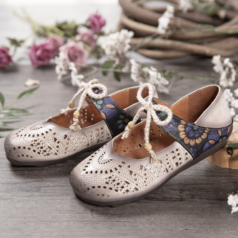 Retro Hollow Floral Soft Sole Węzeł Okrągły Toe Pasek Na Kostce Płaskie Buty