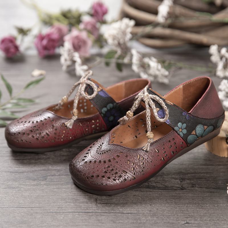 Retro Hollow Floral Soft Sole Węzeł Okrągły Toe Pasek Na Kostce Płaskie Buty