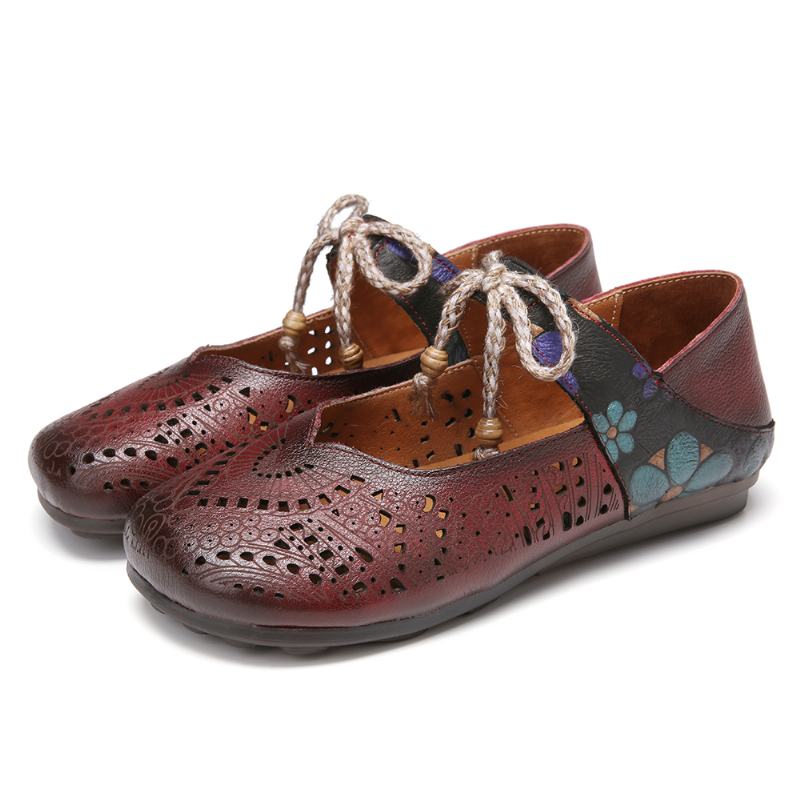 Retro Hollow Floral Soft Sole Węzeł Okrągły Toe Pasek Na Kostce Płaskie Buty