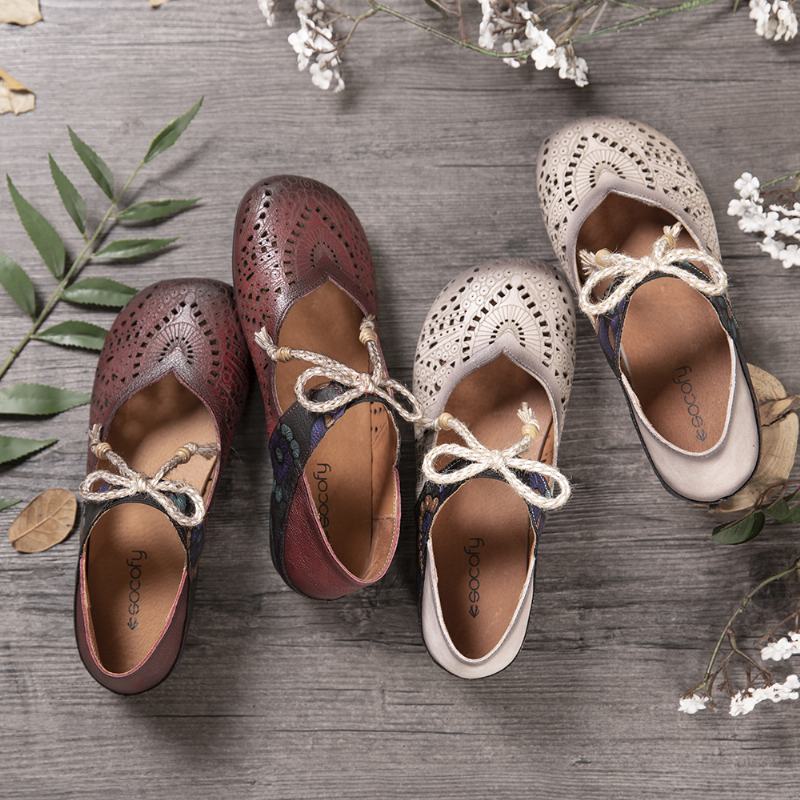 Retro Hollow Floral Soft Sole Węzeł Okrągły Toe Pasek Na Kostce Płaskie Buty