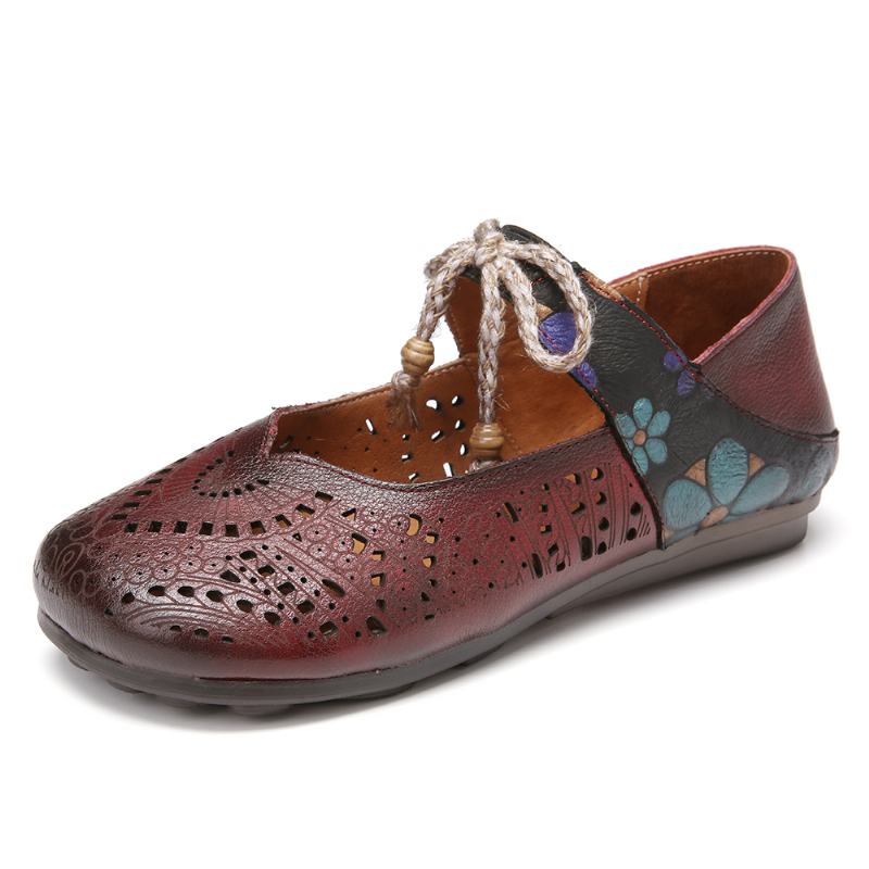 Retro Hollow Floral Soft Sole Węzeł Okrągły Toe Pasek Na Kostce Płaskie Buty