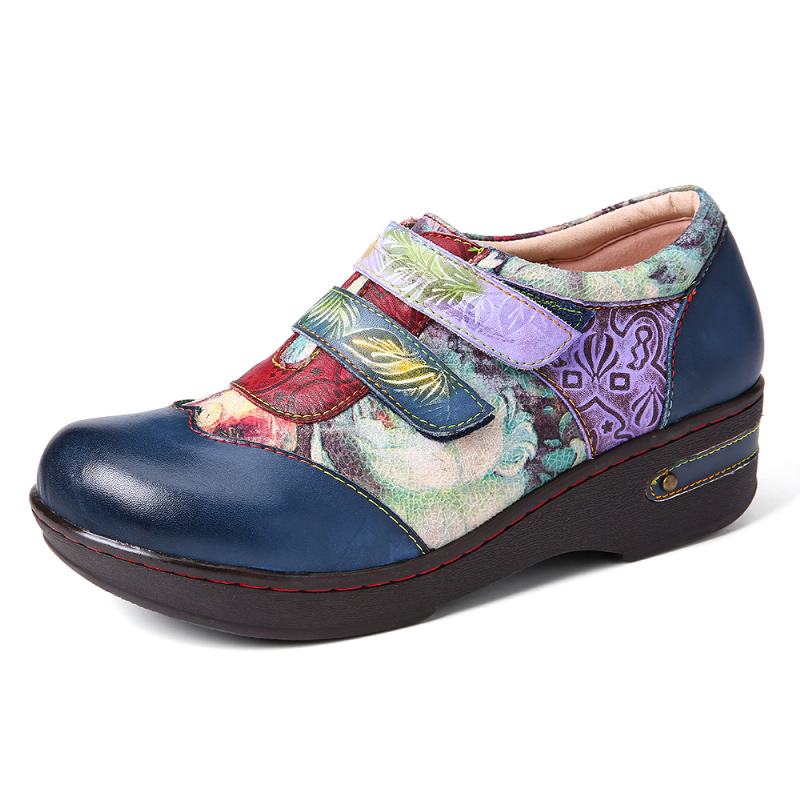 Retro Kolorowe Kwiaty Wytłoczone Prawdziwej Skóry Płaskie Buty