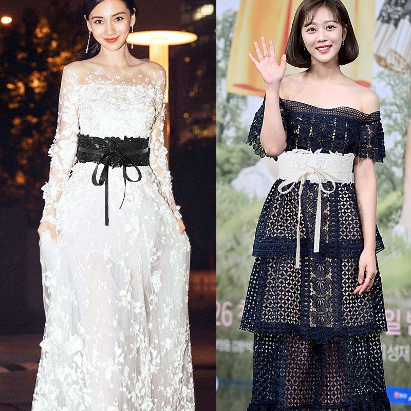 Retro Koronkowa Koronkowa Sukienka W Pasie Modny Szeroki Pas Kobiecy CZarno-biały Koreański Lato Jesień