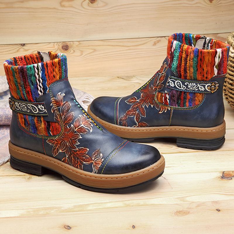 Retro Kwiatowy Wzór CZeski Kolor Dopasuj Wzór Szwy Okrągłe Toe Zipper Botki