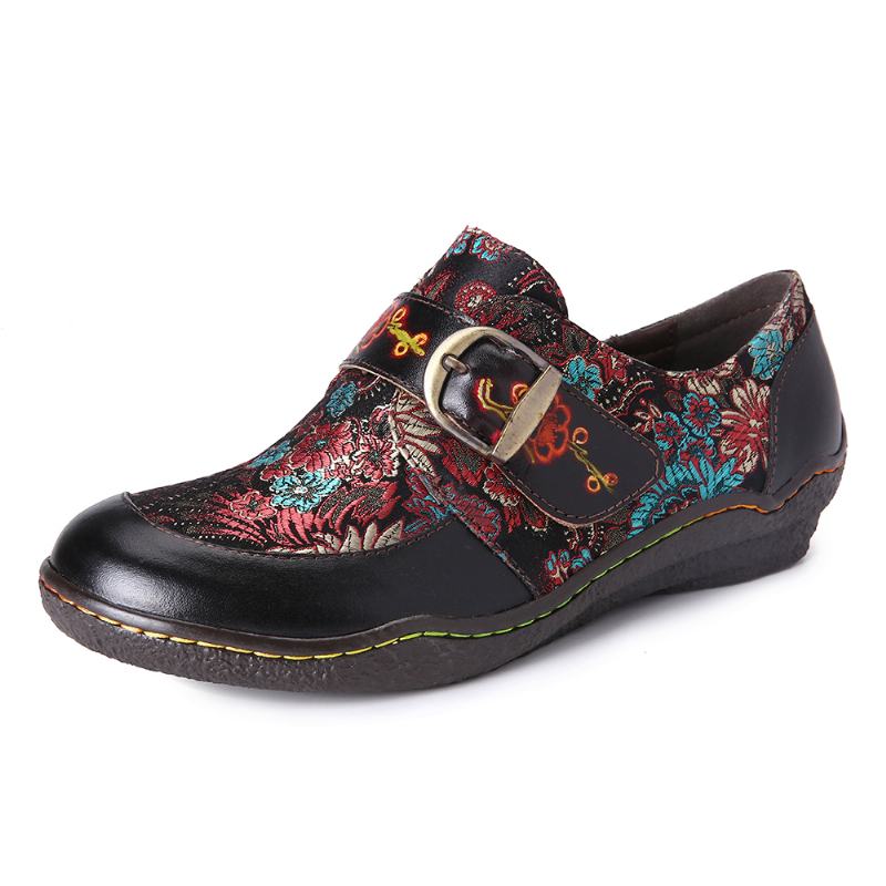 Retro Kwiaty Haft Skórzany Tłoczony Plum Blossom Klamra Slip On Płaskie Buty