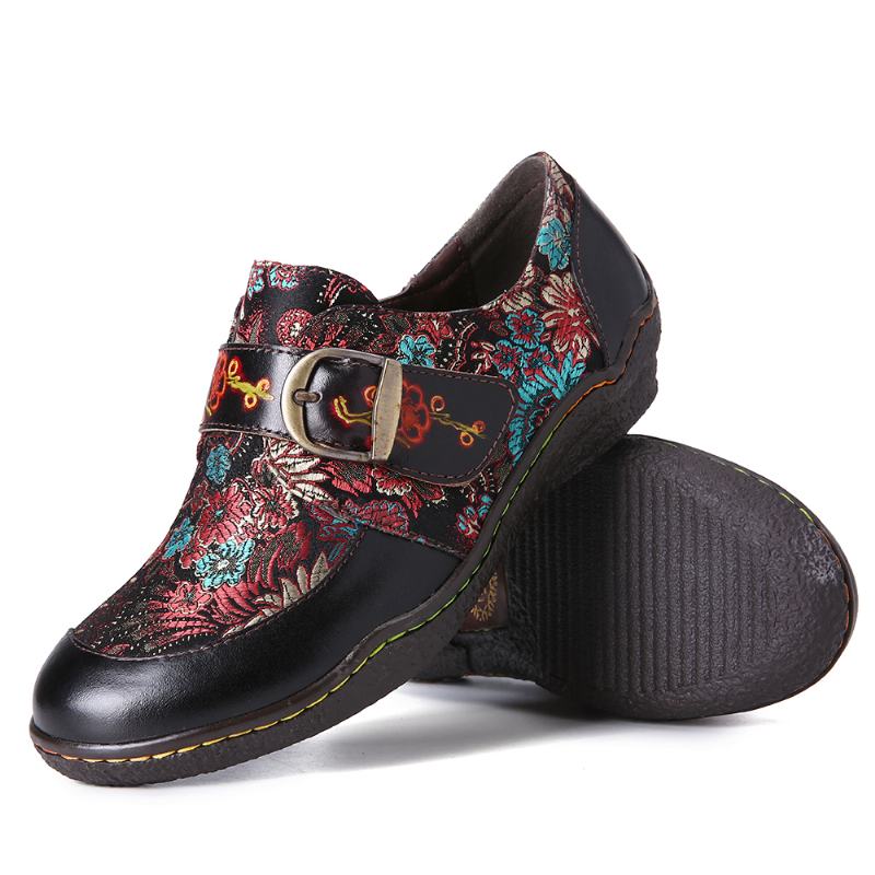 Retro Kwiaty Haft Skórzany Tłoczony Plum Blossom Klamra Slip On Płaskie Buty