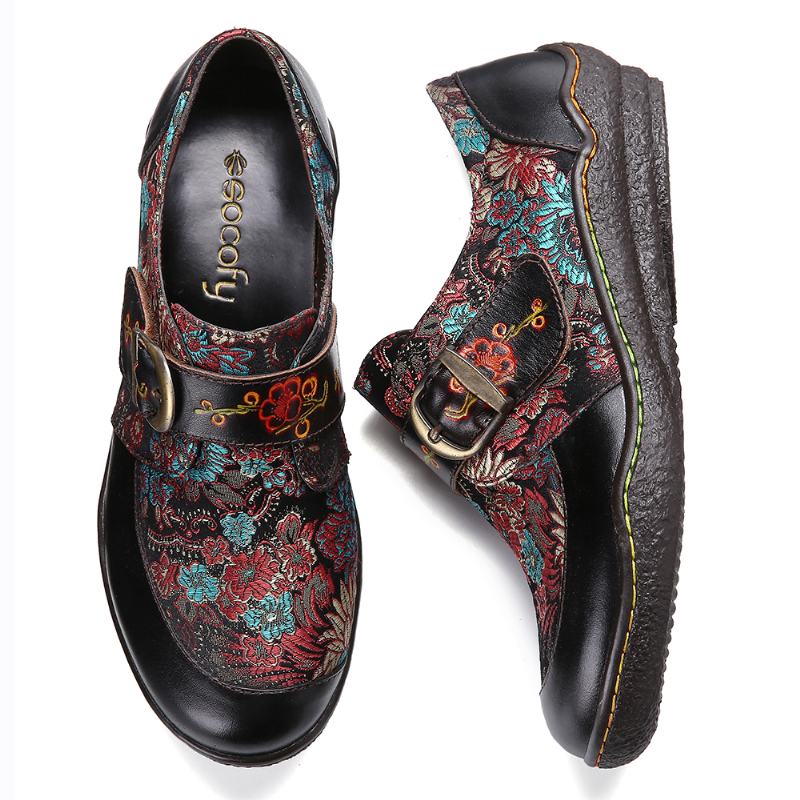 Retro Kwiaty Haft Skórzany Tłoczony Plum Blossom Klamra Slip On Płaskie Buty