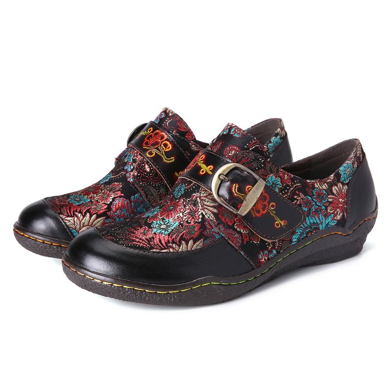 Retro Kwiaty Haft Skórzany Tłoczony Plum Blossom Klamra Slip On Płaskie Buty