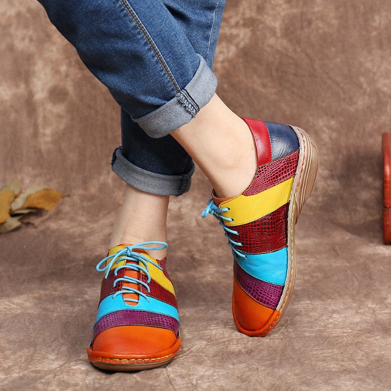 Retro Ręcznie Robione Skórzane Kolorowe Bloki Kontrastowe Łączenie Sznurowane Płaskie Buty