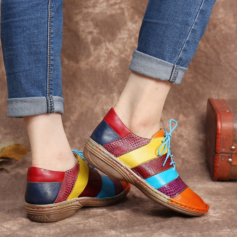 Retro Ręcznie Robione Skórzane Kolorowe Bloki Kontrastowe Łączenie Sznurowane Płaskie Buty