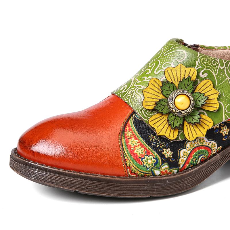 Retro Skórzane Paisley Łączenie Kwiatowe Tłoczone Płaskie Buty Z Prawdziwej Skóry
