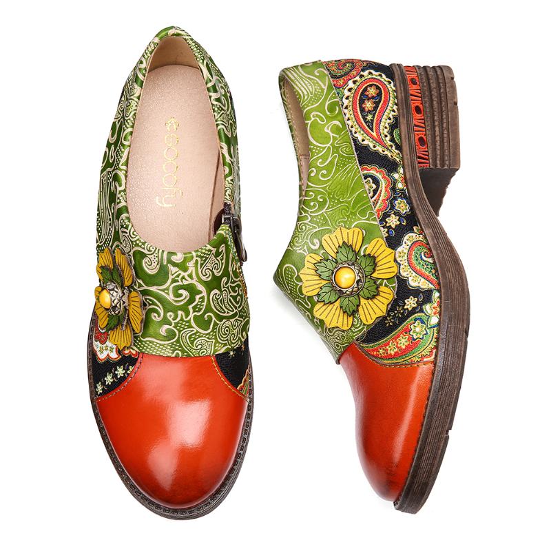 Retro Skórzane Paisley Łączenie Kwiatowe Tłoczone Płaskie Buty Z Prawdziwej Skóry