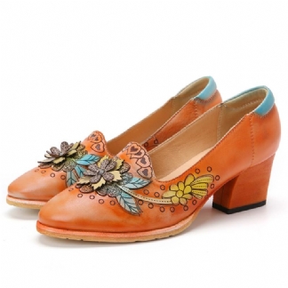 Retro Splicing Floral Leather Slip On Block Heel Pumps Dress Shoes