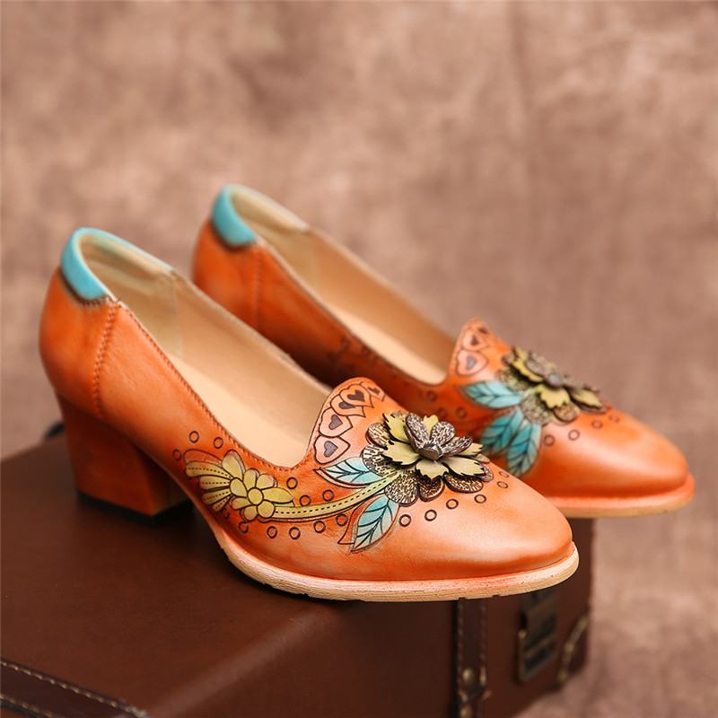 Retro Splicing Floral Leather Slip On Block Heel Pumps Dress Shoes