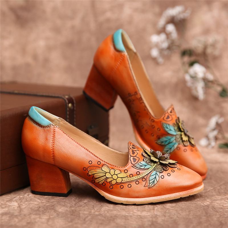 Retro Splicing Floral Leather Slip On Block Heel Pumps Dress Shoes