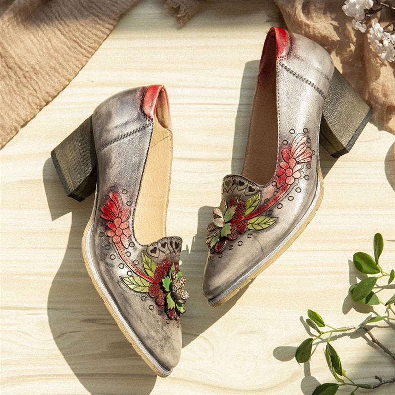 Retro Splicing Floral Leather Slip On Block Heel Pumps Dress Shoes